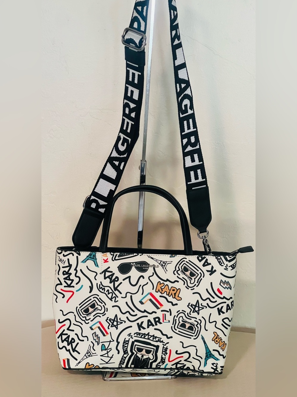 Karl Lagerfeld Paris White Graffiti Crossbody Shoulder Bag - Picture 9 of 15
